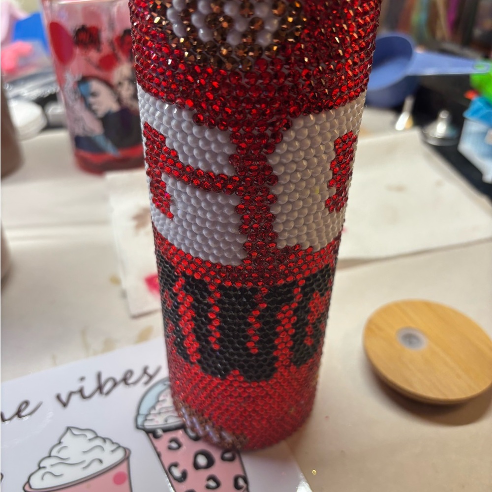 Red and White Rhinestone Tumbler